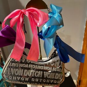 Von Dutch Silver Bag with Pink, Blue, and Purple Bows